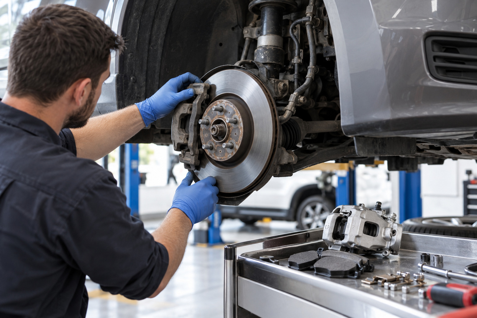 A technician inspects a vehicle’s front brake assembly with a replacement caliper and pads nearby.