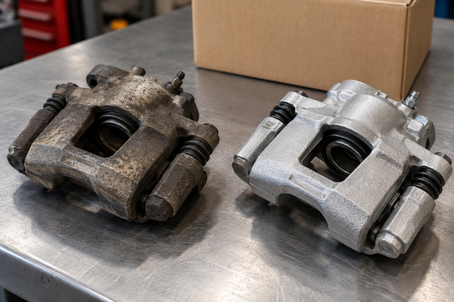 A used brake caliper core beside a clean reconditioned exchange caliper on a parts counter.