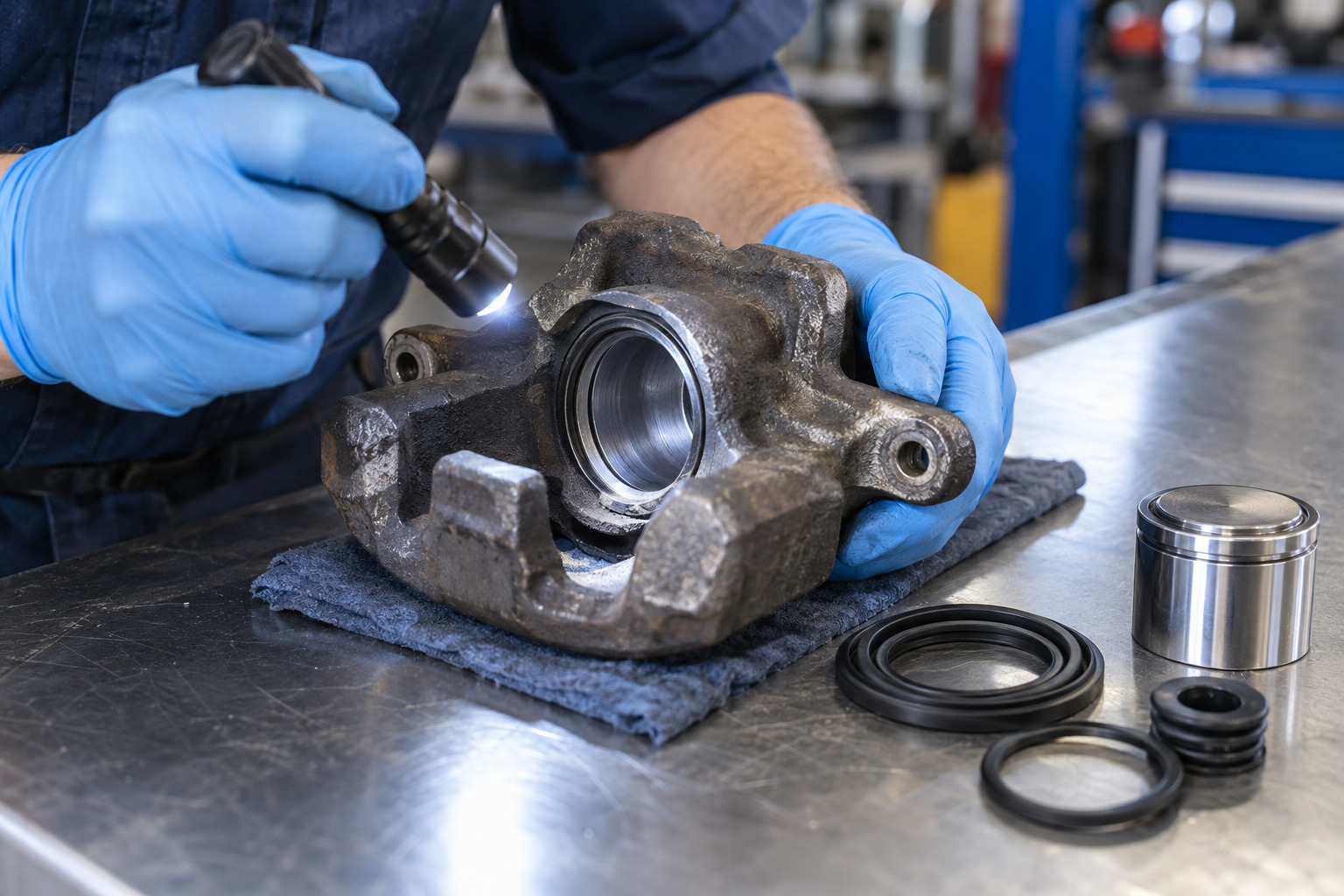 A brake technician inspects the exposed caliper bore beside a replacement piston and seals.