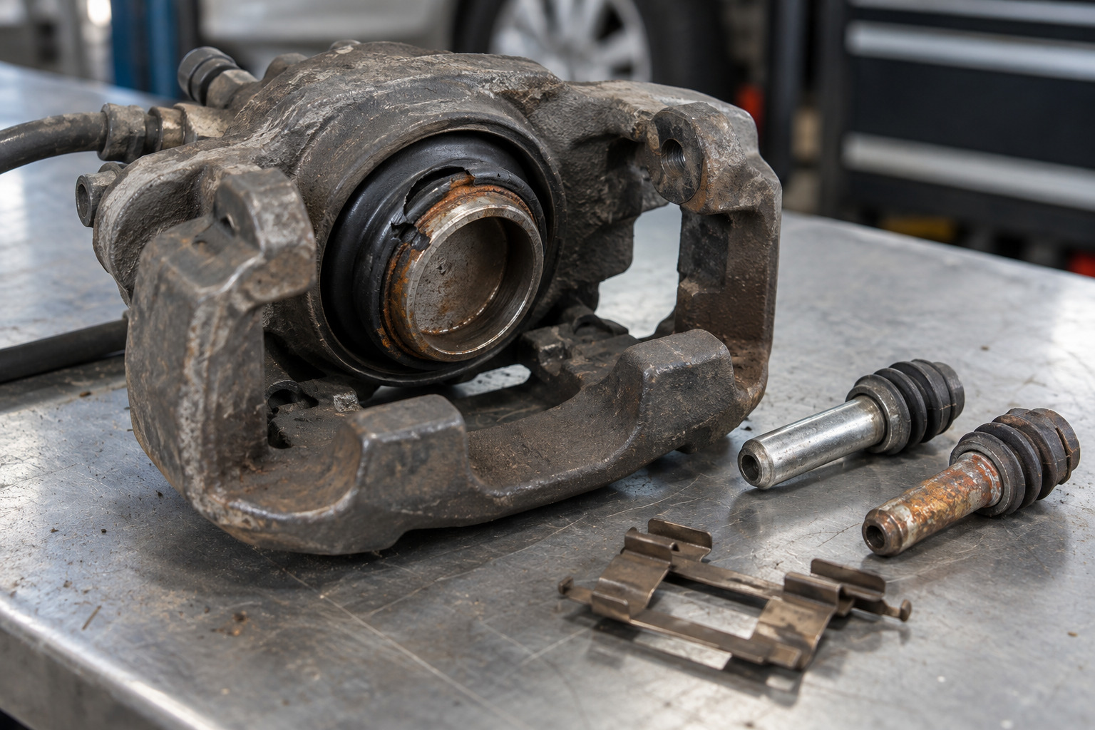 A worn brake caliper with a torn piston dust boot, rusty slide pin and pad clip on a workshop bench.