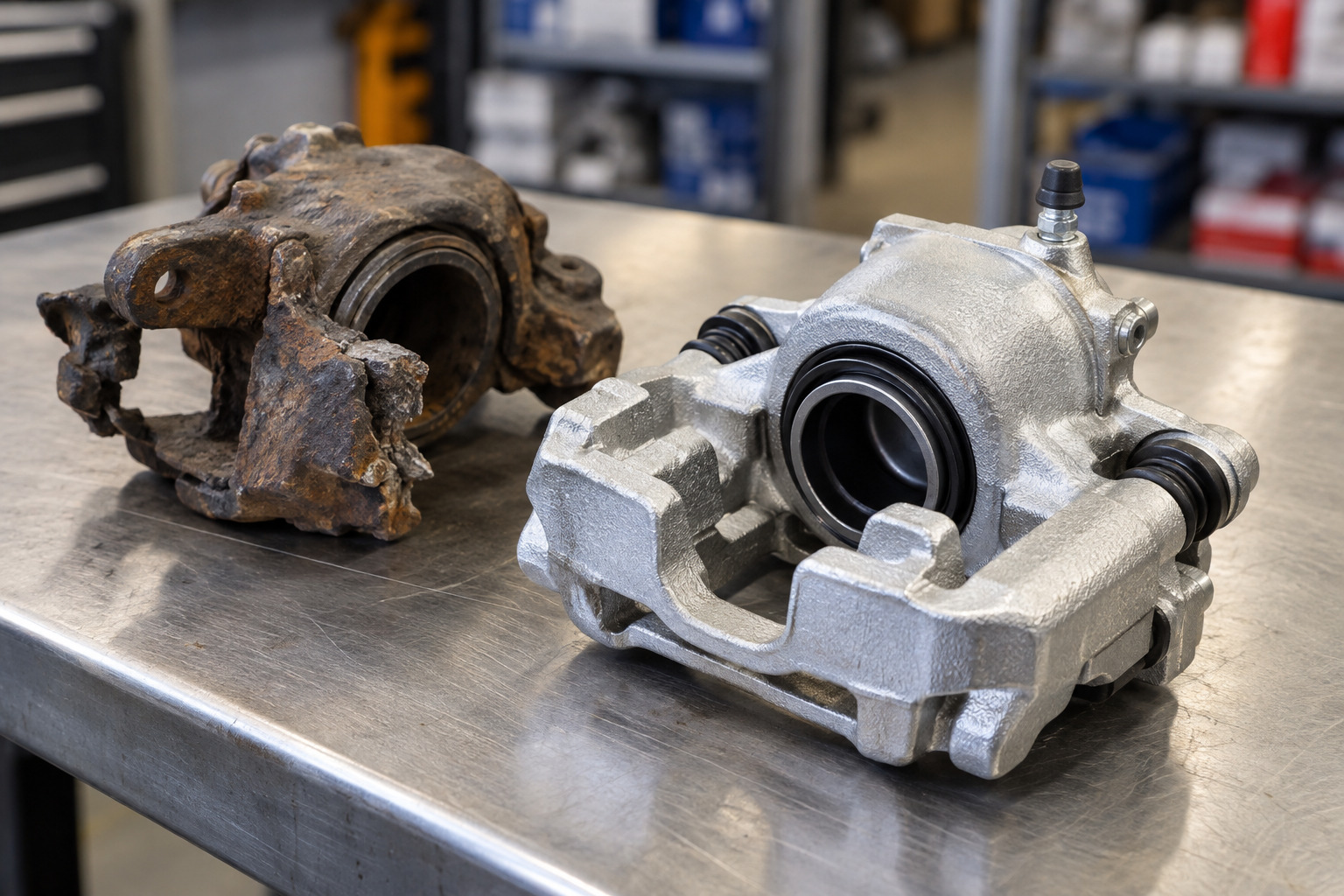 A heavily corroded, damaged brake caliper beside a new replacement unit.